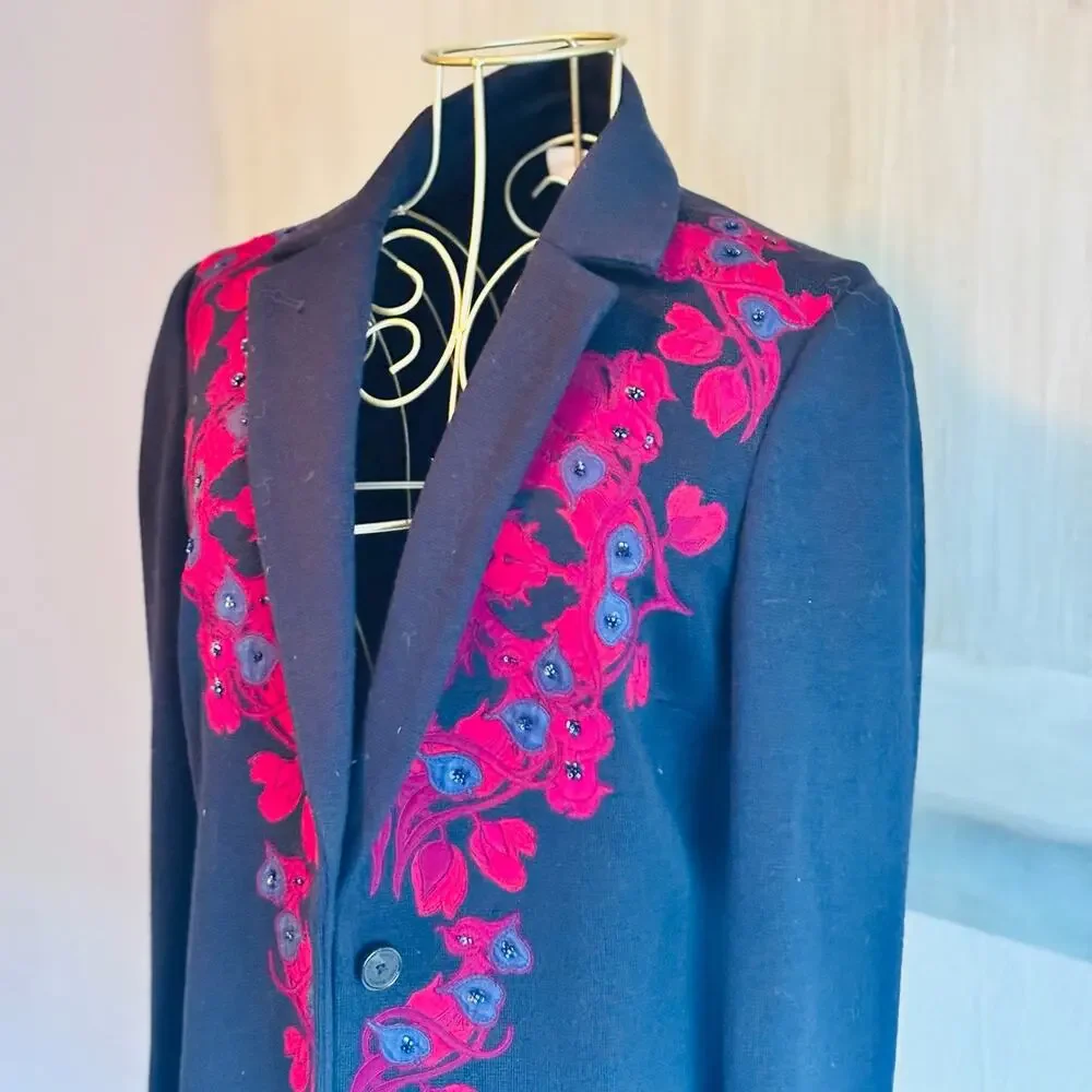 Tory Burch Navy Wool Blend Embroidered Floral Beaded Blazer Jacket XS